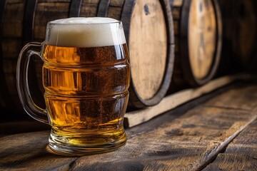 A refreshing mug of craft beer sits on a rustic wooden table, showcasing a frothy top amidst barrels.