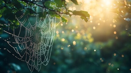 Serene Beauty of Morning Dew on Spider Web - Close-up Nature Photography Capturing Greenery Reflections on Glistening Strands