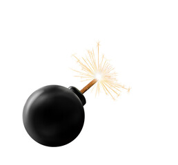 Black Bomb sparkles, realistic bomb with burning fuse. emitting sparks, ready for explode. Isolated weapon. transparent Png with a lit wick creating a sense of imminent explosion illustration