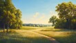 © AbstractAI - Tranquil meadow path winding through lush greenery and sunlit trees under a clear blue sky, capturing the essence of serene nature.