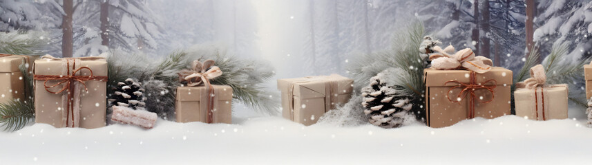 Wall Mural - rustic christmas gifts with brown ribbons, pine cones, spruce and fir branches and decorations in a 
