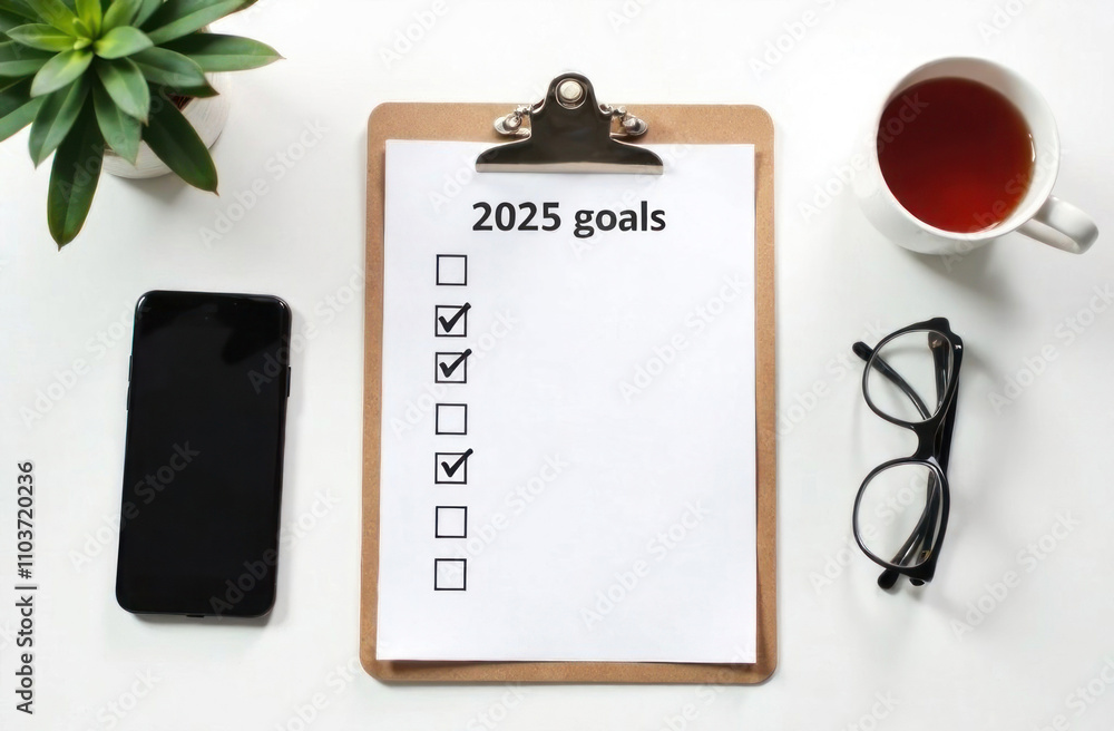 Checklist for 2025 goals with checkmarks, smartphone, glasses, and a ...
