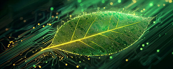 Wall Mural - green leaf circuit board technology nature fusion