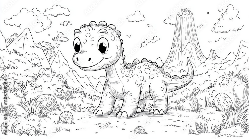 Coloring page of Cute Cartoon Dinosaur in a Prehistoric Landscape ...