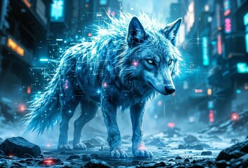 Wall Mural - Fantasy wolf in the city at night. 3D rendering.