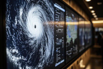 weather warning. a powerful hurricane is displayed on a large screen, showcasing its eye and surroun