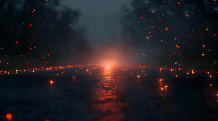 Wall Mural - Dark Road, Embers Glow, Nighttime Mystique, Abstract Background with Glowing Embers Falling on Wet Asphalt