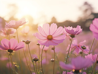 Wall Mural - Gorgeous cosmos flowers in the garden captured with a vintage filter for a nostalgic vibe