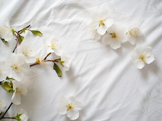 Wall Mural - Summer flower blossoms spread on a white tablecloth creating a light atmosphere