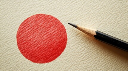 Red circle on textured paper with a sharpened pencil indicating dissatisfaction and highlighting artistic detail and simplicity.