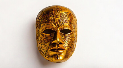 Wall Mural - Golden mask with tribal-inspired engravings, displayed on a bright white surface