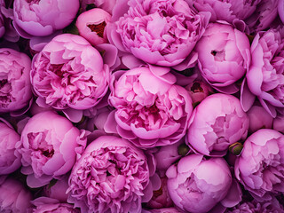 Wall Mural - Close up of fresh purple pink peonies in full bloom creating a floral background texture