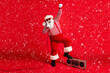 © deagreez - Full length body size view of his he handsome bearded fat overweight cheerful Santa vocalist star singing hit having fun rest leisure isolated bright vivid shine vibrant red color background