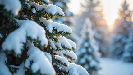 Wall Mural - Close-up of snow-covered pine branches with a tranquil forest backdrop