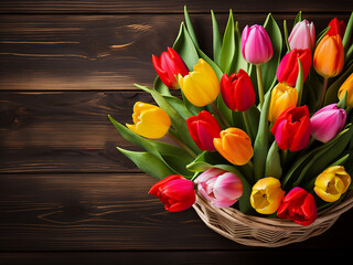 Wall Mural - Fresh tulips blooming in a basket on a rustic wooden background