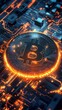 © Maftuh - Close-up of a bitcoin on a circuit board with glowing lights, representing cryptocurrency and technology
