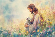 © Volodymyr - A gentle watercolor painting of Jesus with a lamb in his arms, standing in a field surrounded by wildflowers. Soft pastel tones create an aura of peace and kindness.