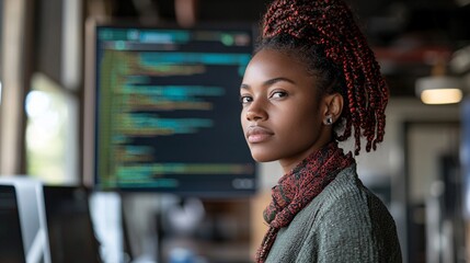 a female coder writing complex scripts on a modern workspace desk surrounded by tech gadgets stock p