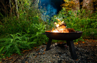 a fire burns at night in a barbecue in the forest.