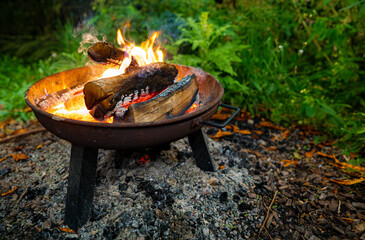 a fire burns at night in a barbecue in the forest.