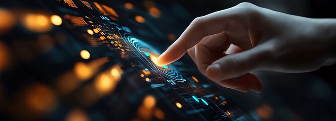  Hand interacting with data visualizations on a digital interface, representing real-time analytics