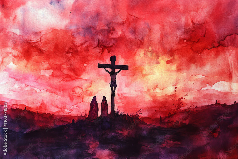 The Crucifixion of Jesus depicted in soft watercolor tones; the cross ...