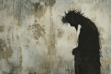 A stark, minimalist digital illustration of Jesus Christâ€™s silhouette against a grunge wall, His figure outlined in black. The textured background evokes an atmosphere of struggle and strength,