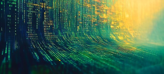 Flowing stream of binary code in green and yellow hues