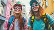 © KYR - Cheerful friends with backpacks pose happily in a vibrant cityscape, capturing the essence of youthful exploration.
