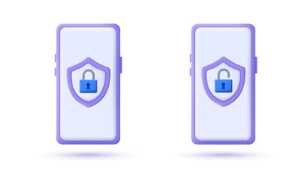 Leinwandbilder - 3D smartphone with security shield symbol. 3D design of cyber security and data protection concept. Secure technology. Vector illustration.