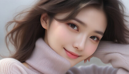 Wall Mural - Beauty portrait of a beautiful young smiling woman in a turtleneck sweater. Beautiful bare face, winter image.タートルネックのセーターを着た美しい若い笑顔の女性の美容ポートレート。美しい素顔、冬のイメージ。