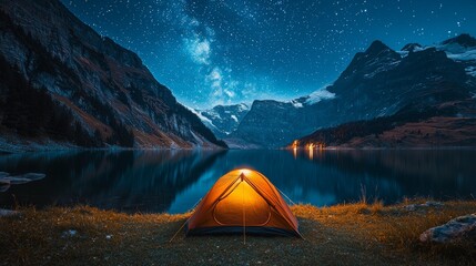 a serene night scene featuring an illuminated orange tent by a tranquil lake, surrounded by majestic