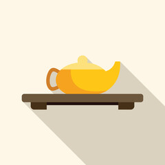 Wall Mural - Yellow teapot on wooden tray casting a long shadow, representing tea time, relaxation, and traditional beverage service