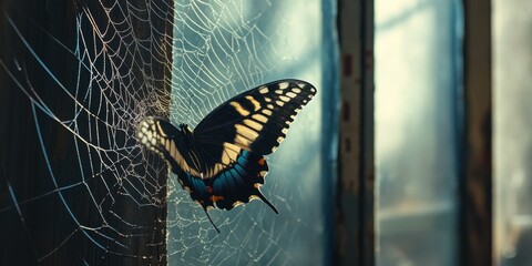 Butterfly trapped in a spider web situated in a window corner of a garage, showcasing the delicate balance in nature between a butterfly and a spider s web.