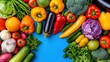 © Smoky - Fresh Vegetables and Fruits Arrangement on Vibrant Blue Background Indian food cuisine