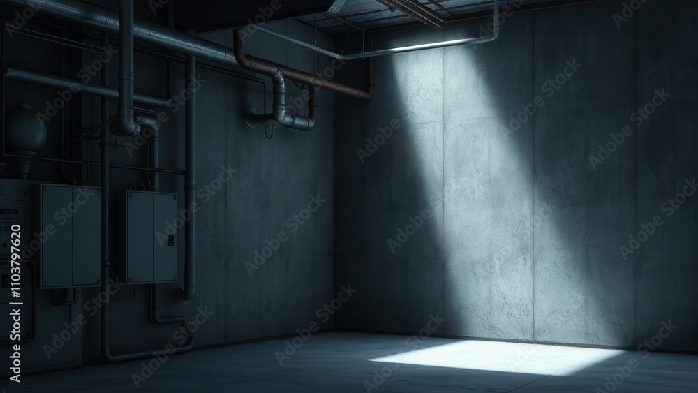 Image showcasing Industrial concrete wall with exposed pipes and ductwork, functional ...