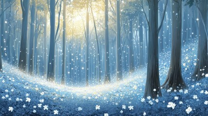 Magical blue forest with sunlight and flowers.