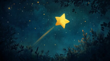 Night Sky with Shooting Star and Forest Silhouette