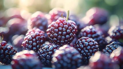 Canvas Print - Close-up shot of ripe blackberries bathed in sunlight. The juicy berries are clustered together, showcasing their deep purple color and natural texture. A vibrant and delicious image.