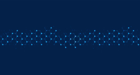 Hexagons pattern on blue background. Genetic research, molecular structure. Chemical engineering. Concept of innovation technology. Used for design healthcare, science and medicine background