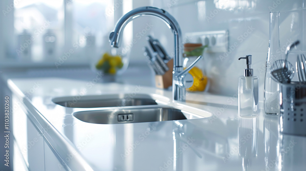 White counters with a sink and utensils in a modern kitchen interior ...
