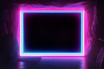 Wall Mural - rectangular glowing pink and blue neon horizontal picture frame on a dark background. 3d illustratio