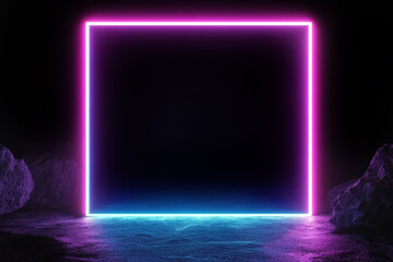 Wall Mural - square rectangular pink and blue glowing neon picture frame on a dark background. 3d illustration re