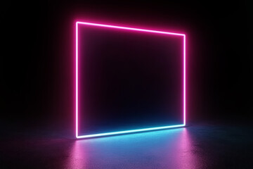 Wall Mural - rectangular glowing pink and blue neon horizontal picture frame on a dark background. 3d illustratio