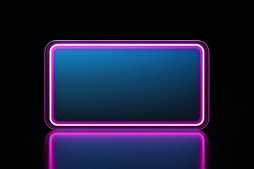 Wall Mural - rectangular glowing pink neon horizontal picture frame with rounded corners on a dark background. 3d
