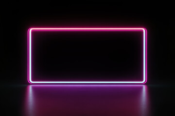 Wall Mural - rectangular glowing pink and white neon horizontal picture frame with rounded corners on a dark back