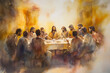 © Volodymyr - A tender watercolor painting of Jesus sharing the Last Supper with His disciples, each one listening intently as He speaks. The atmosphere is filled with a sense of holiness, with the soft glow of the