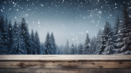 Canvas Print - Empty old wooden table with winter background. Winter or Christmas scene with mockup table on background of winter