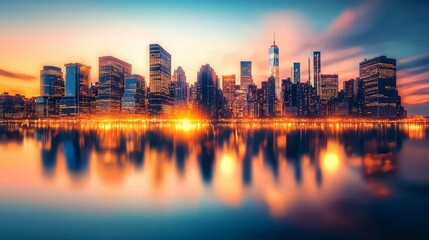 Wall Mural - Cityscape at dusk with glowing lights, skyscrapers reflecting in the water, warm orange and cool blue contrast, cinematic mood 