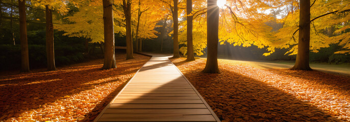 Wall Mural - Warm sunlight filters through autumn trees onto a wooden walkway, casting a peaceful glow on fallen leaves beneath.
